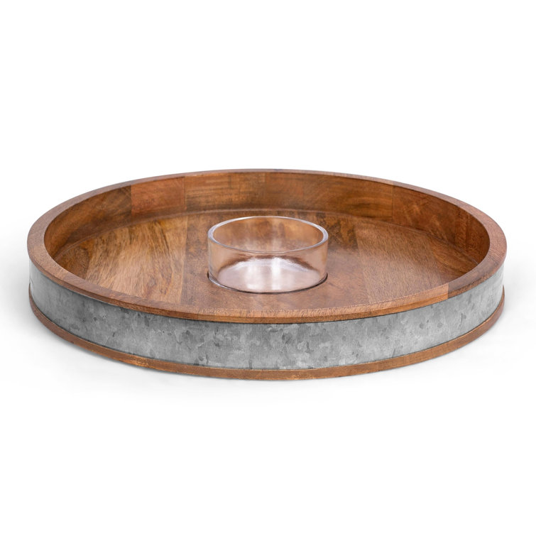 August Grove® Wooden And Iron Chip And Dip Serving Tray Glass Dip Bowl